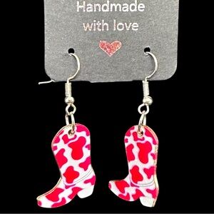 Handmade Cowboy Boot Earrings Pink & White Gold Trim Colorful & Fun NEW